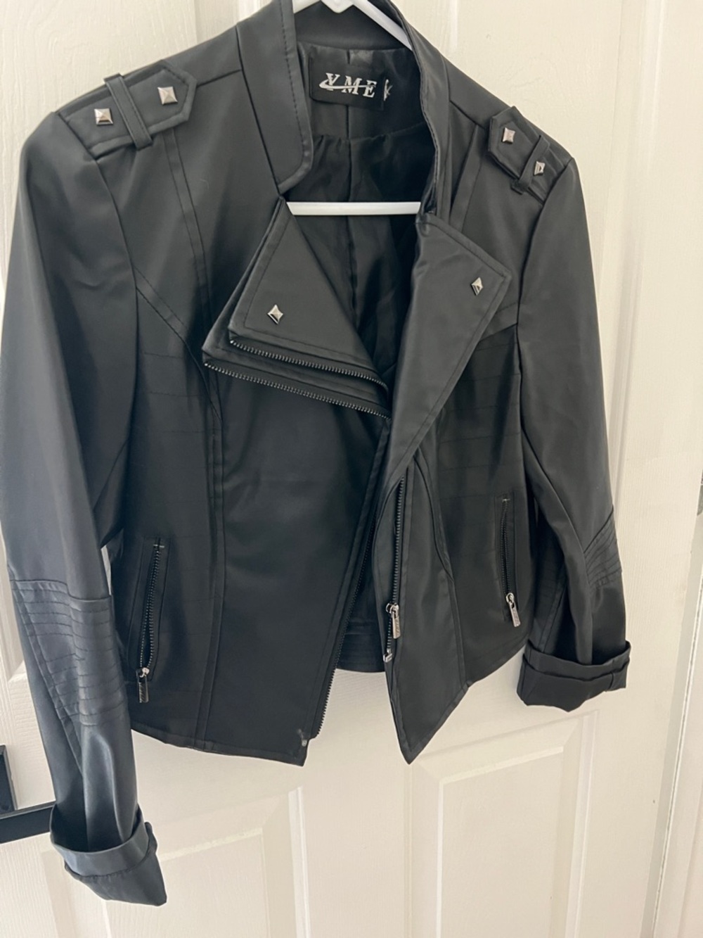 YME Black Faux Leather Moto Jacket with Studded Epaulets